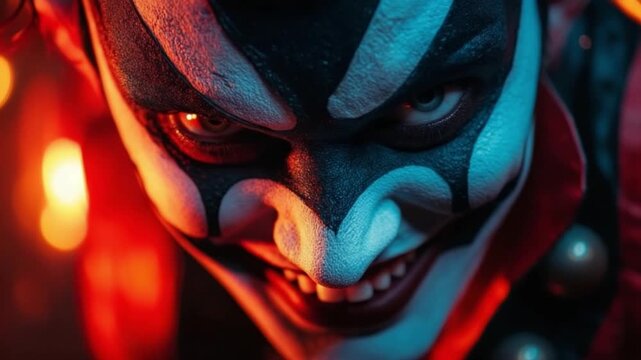 Dramatic Close-Up of Sinister Character with Intricate Face Paint and Intense Gaze Capturing Dark Fantasy Aesthetic for Halloween and Theatrical Productions. Generative AI