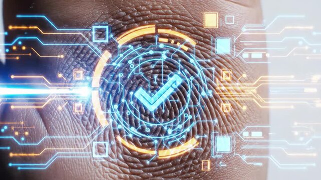 A close-up of a fingerprint with circuit board elements and neon lights