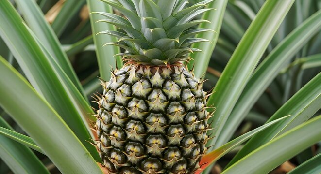Close up of a ripe pineapple on the plant showing textured skin and green leaves