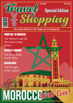 Travel and Shopping Magazine Fake Cover. Morocco with Love. Casablanca Hassan II Mosque Tourist Attraction Illustration. Morrocan Flag, Vector Template for Touristic Illustrations, Posters, Covers