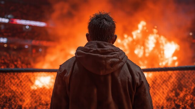 A person in a hooded jacket watches intense flames behind a chain-link fence in a dark, fiery scene.