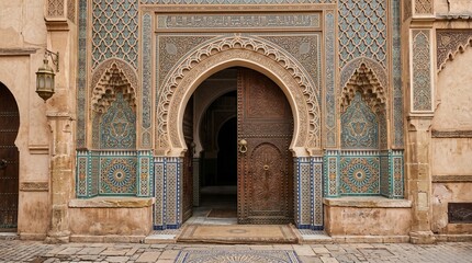 Fototapeta premium Ornate Moroccan Archway Entrance with Intricate Tilework and Carved Wooden Door