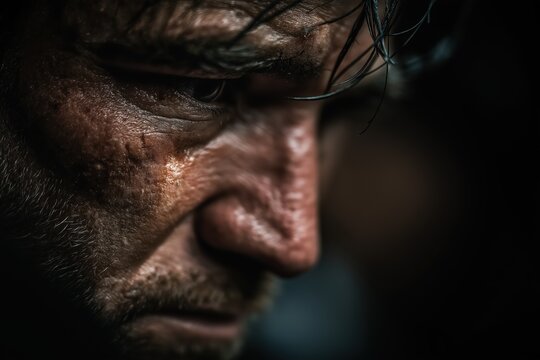 Close-up of a pensive man with wet, rough skin and intense expression, highlighting emotion and texture in low light.