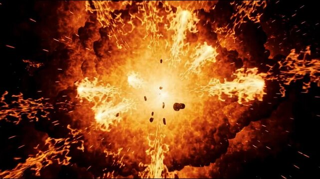 Fiery explosion with dynamic fireballs bursting outward in a dramatic display of glowing flames