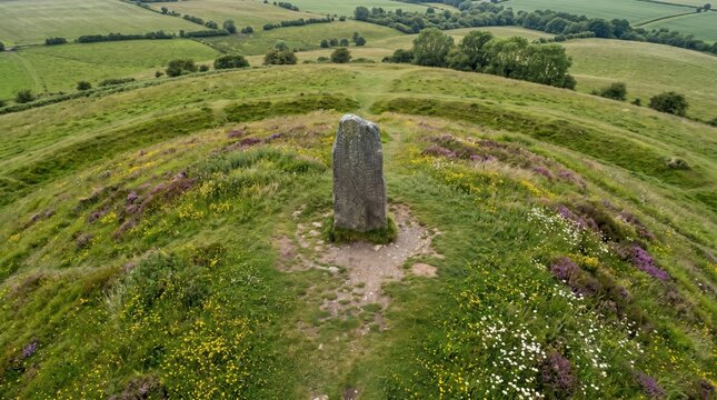 Standing stone centered on hill within grassy circular earthworks