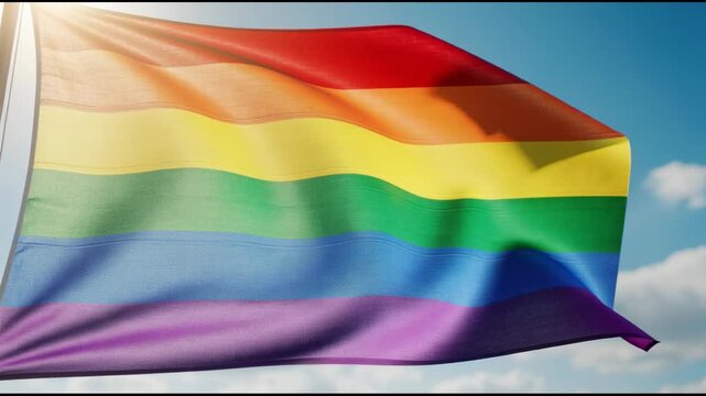 Vibrant rainbow flag waving gently under bright blue sky symbolizing LGBTQ pride and diversity celebration