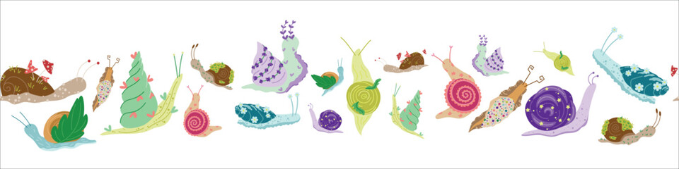 Seamless horizontal border with cute whimsical snails in various themes © Viktoriia Blazhuk