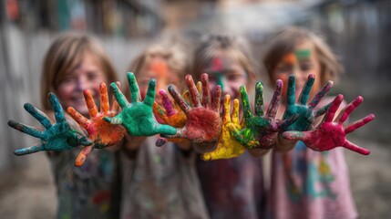 Naklejka premium Children Showing Painted Hands Outdoors