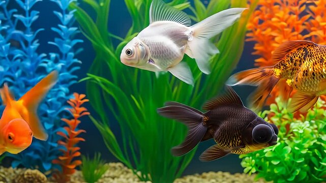 Colorful fishes swim in an aquarium with plants and gravel substrate