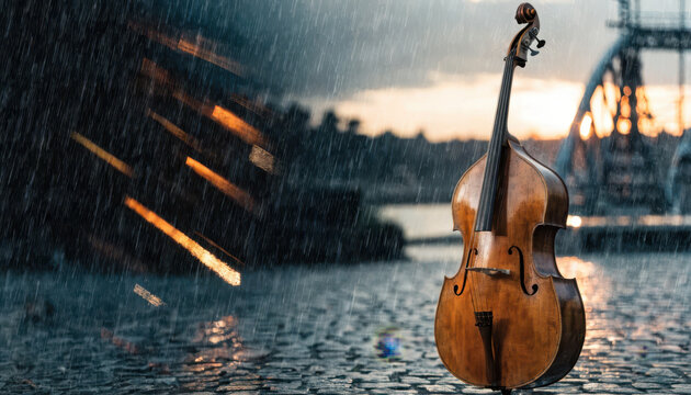 Double bass on wet cobblestone in rain at sunset expressing solitude