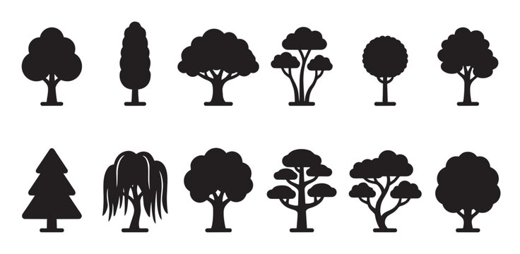 A collection of diverse black tree silhouettes on a white background, featuring various shapes and styles for easy integration into design projects.