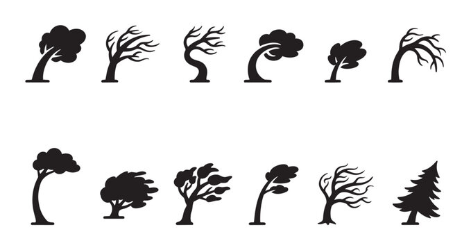 A collection of black silhouettes of trees affected by strong wind, showing bent trunks and scattered leaves on a white background.