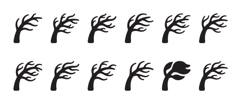 A collection of black silhouette icons depicting stylized trees bending in the wind on a clean white background.