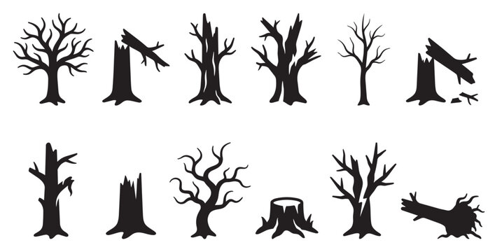 A collection of black silhouettes of dead, broken, and bare trees and stumps on a white background, conveying themes of decay, nature, and autumn.