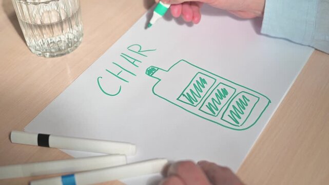 A person is drawing a battery on a piece of paper using colorful markers. The hands of a male adult are visible as he works on the artwork, focusing on the drawing process