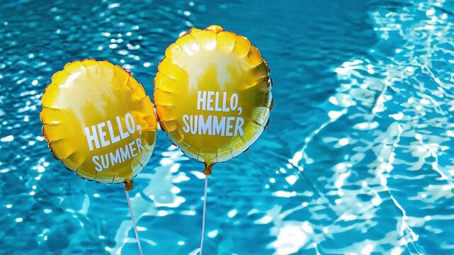Two yellow balloons that say hello summer hover above sparkling water in a pool on a bright day