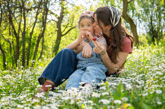 Happy mother and daughter eating fresh strawberries while sitting on daisy meadow in garden.