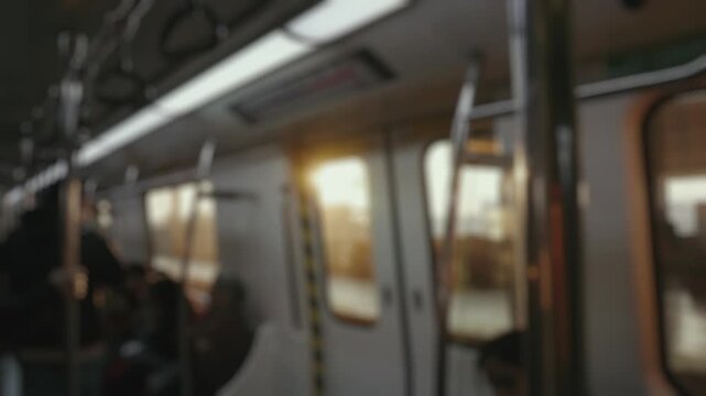Blurred interior of a subway car in motion with handrails in focus as the warm light of the setting sun flashes through the windows, creating a cinematic lens flare and bokeh effect
