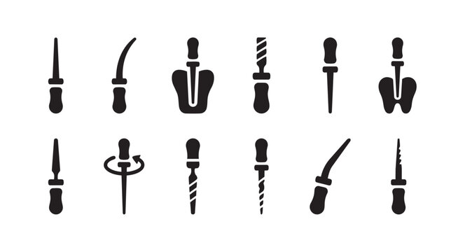 A collection of black silhouette icons representing various dental instruments, isolated on a clean white background, perfect for medical or dental design projects.