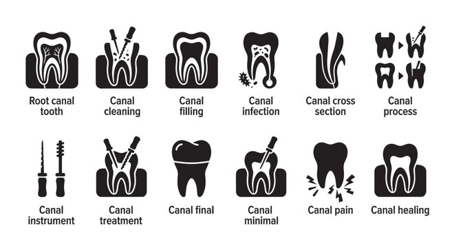 A collection of black and white vector icons illustrates the stages and aspects of root canal dental treatment, from infection to healing.