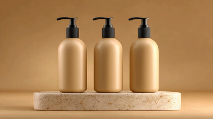 Three matte beige cosmetic pump bottles mockup on a marble stone podium, professional studio product photography for skincare and beauty branding