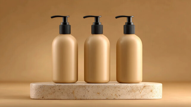 Three matte beige cosmetic pump bottles mockup on a marble stone podium, professional studio product photography for skincare and beauty branding