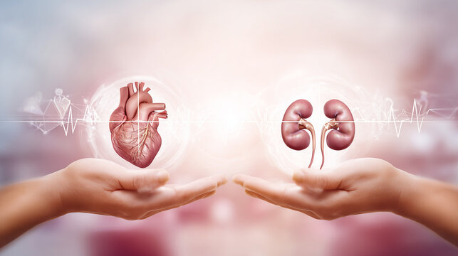 Conceptual medical illustration showing human heart and kidneys held in hands, symbolizing health, organ care, and medical science.