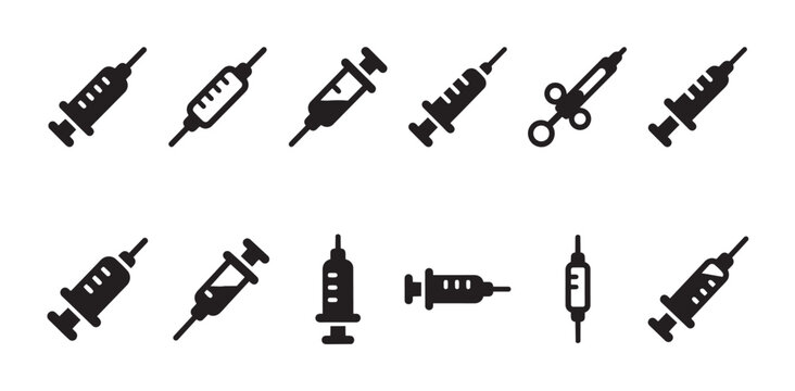 A black and white collection of diverse syringe icons, showcasing various medical injection tools for healthcare and science themes.