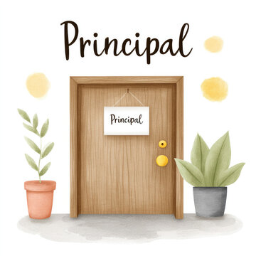 Charming watercolor cartoon of school principal's door surrounded by plants for educational decor or classroom design on white background