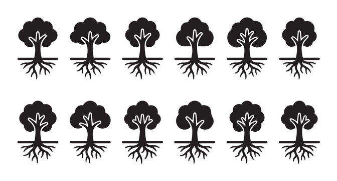 A graphic illustration features a repeating pattern of simple black tree icons with prominent root systems on a clean white background.