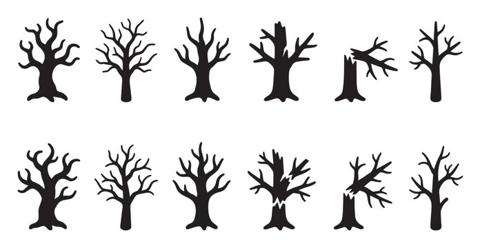 Collection of black silhouette icons of various bare, dead trees, some broken and damaged, against a white background, ideal for seasonal or symbolic use.