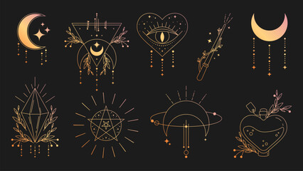 Mystical witchcraft doodle esoteric symbols with moon, crystals, love potion and heart with eye. Hand drawn magic icons, celestial stars, spiritual tarot elements in vintage boho style, floral pattern © klyaksun