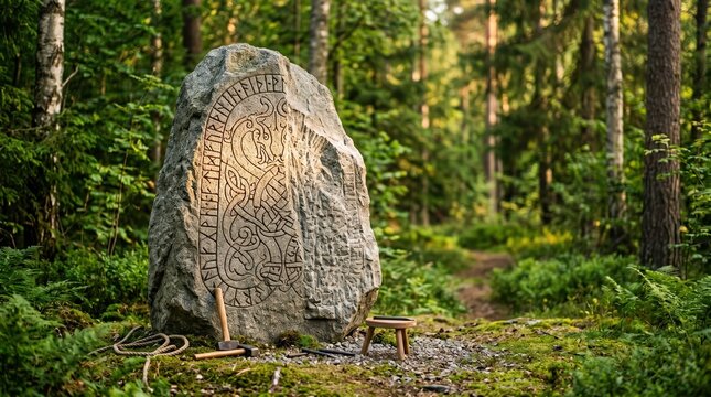 Engraved rune stone beside tools in forest clearing