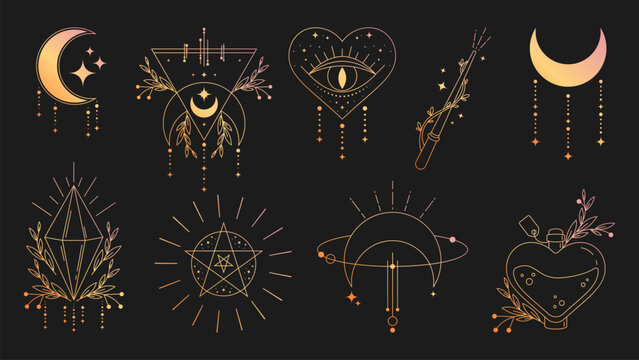 Mystical witchcraft doodle esoteric symbols with moon, crystals, love potion and heart with eye. Hand drawn magic icons, celestial stars, spiritual tarot elements in vintage boho style, floral pattern
