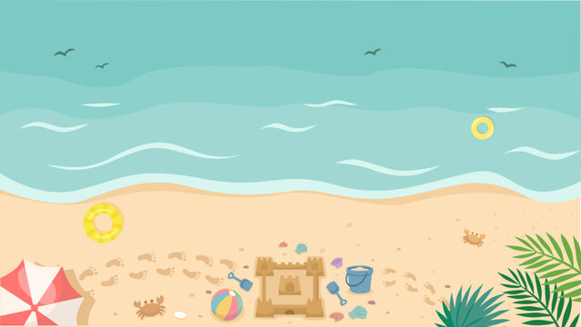 Top view of a summer beach with sandcastle, umbrella, and turquoise waves. Flat vector illustration of a tropical seaside landscape. Summer holiday banner with copy space for text