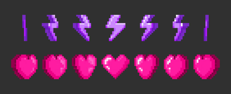 Spinning pink pixel heart and purple lightning animation for retro arcade games, cartoon vector icons isolated on background. Classic 8-bit gaming asset for video game ui, bonus life, battery element