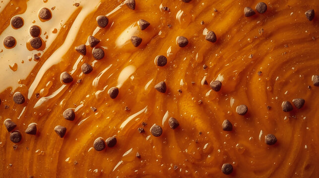 Macro Top View of Golden Honey Texture with Scattered Chocolate Chips
