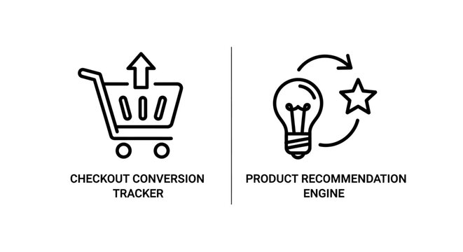E-commerce checkout conversion tracker and product recommendation engine icons