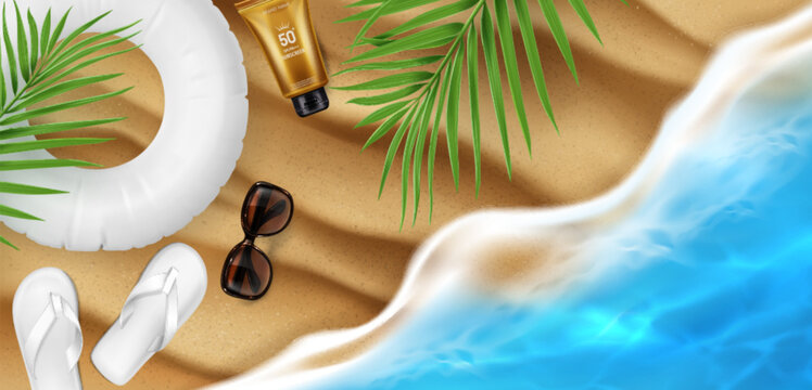 Sandy beach banner with sunscreen, sunglasses, flip flops and inflatable ring and palm leaves on summer sea shore, 3d realistic vector background, top view. Tropical product display for cosmetic ads