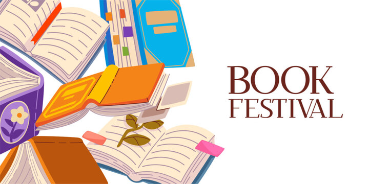 Book festival cover design with flying or falling books. Cartoon vector illustration, simple border isolated on white background for library posters, educational fairs, and literature event banner