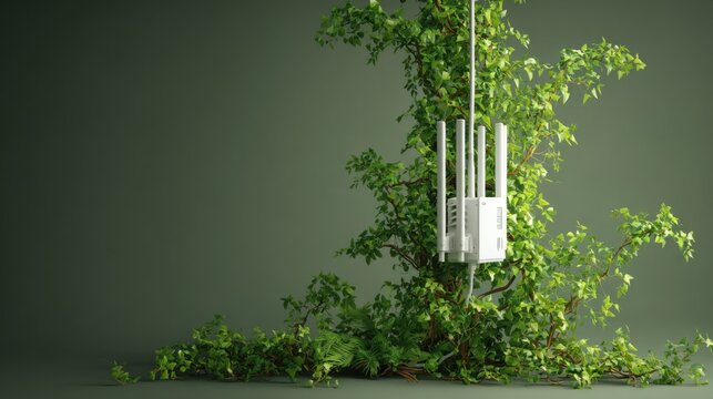 A green technology device integrated with plant growth, symbolizing sustainable development and ecological balance. The image suggests a fusion of nature and modern technology. 
