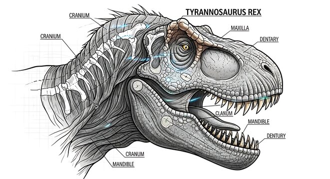 Detailed anatomical illustration dissects the head and neck structure of a large predatory reptile