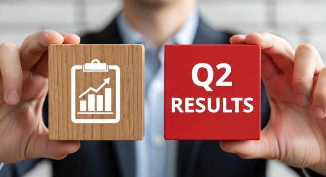 Hands holding wooden block with growth chart and red block with 'Q2 RESULTS', indicating quarterly financial performance.