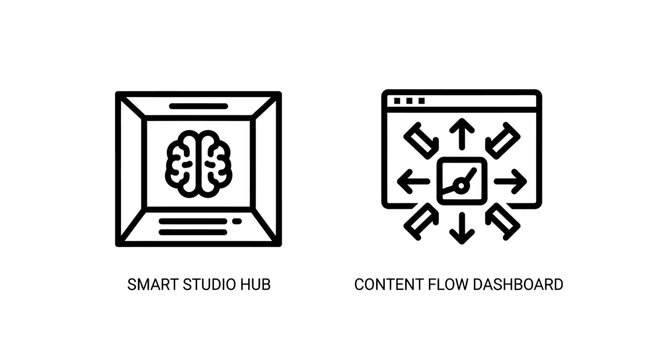 Smart brain hub and connectivity flow dashboard icons for data intelligence