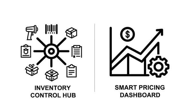 Inventory control hub and smart pricing dashboard e-commerce business icons
