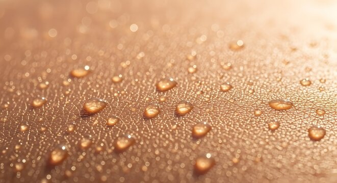 Close up of water droplets on a textured surface illuminated by sunlight