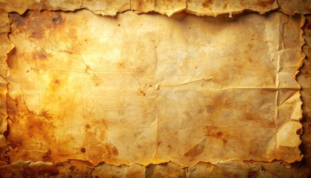 A detailed close-up showcases a weathered and aged parchment texture, exhibiting a rich, golden-brown hue and intricate folds, evoking a sense of history and antiquity.