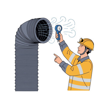Worker measuring airflow from ventilation duct with anemometer in safety gear