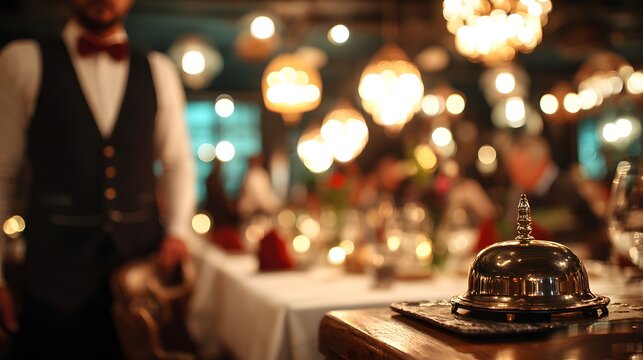 Warm, glowing restaurant with server near silver bell