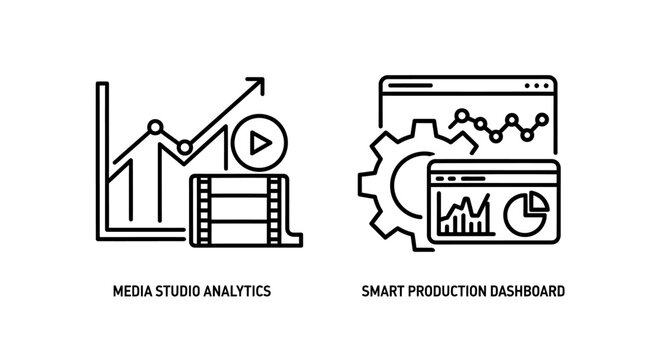 Media studio analytics and smart production dashboard icons with analytics